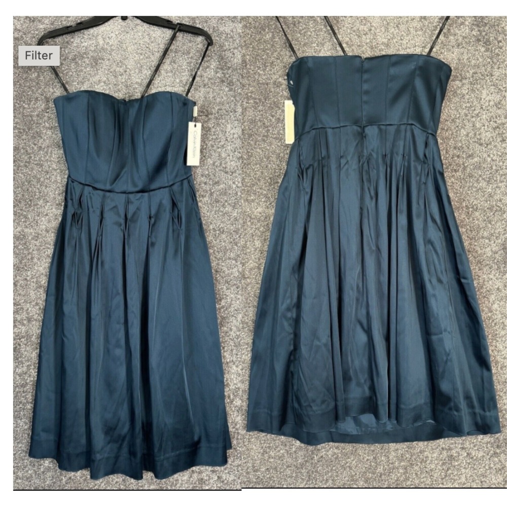Calvin Klein Strapless Formal Dress Size 4 Satin Teal‎ Event Pleated Prom